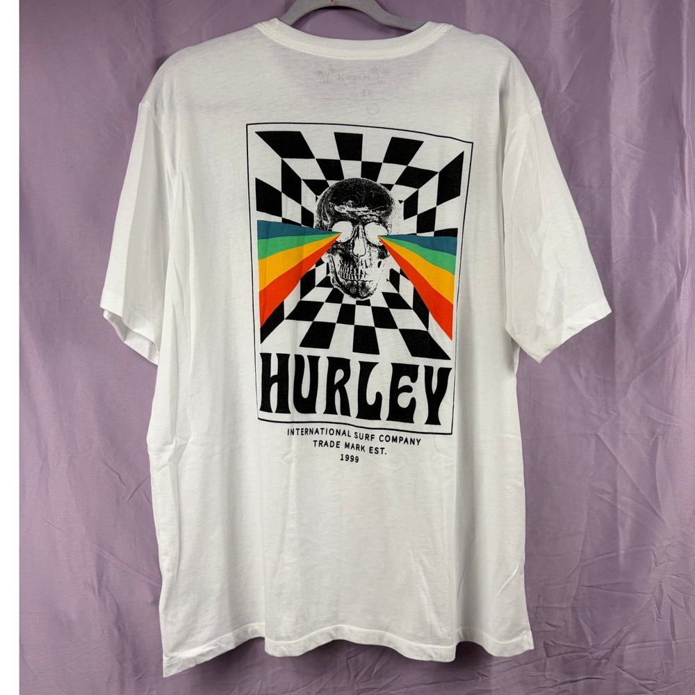Hurley Mens XL Everyday Tee White Skull Rainbow Laser Graphic T-Shirt